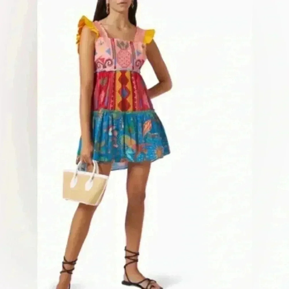 FARM Rio Multicolor Printed Mini Dress with Yellow Ruffled Straps